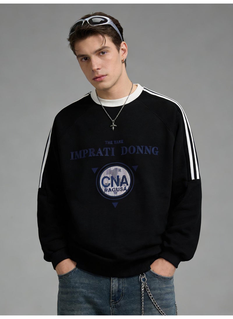 Black "IMPRATI DONNG" Vintage Logo Oversized Crew Neck Sweatshirt | Striped Sleeve Pullover With "CNA RAGUSA" Print - Image 1